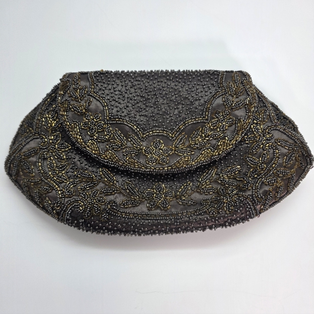 Vintage French Beaded Clutch Taupe Bronze Art Deco Evening Bag Micro Bead Floral - Picture 10 of 15